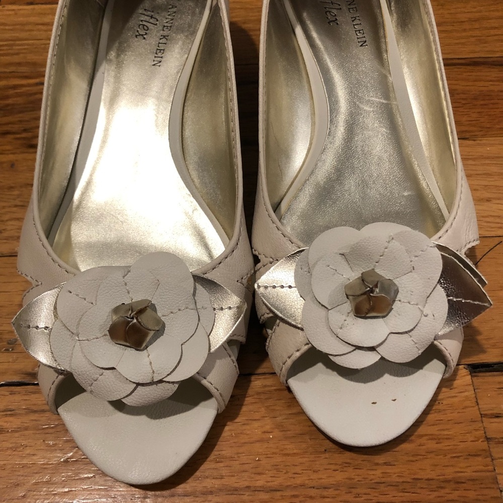 Anne Klein iflex Ivory Open toe flat with kitten wedge heel and flower accent